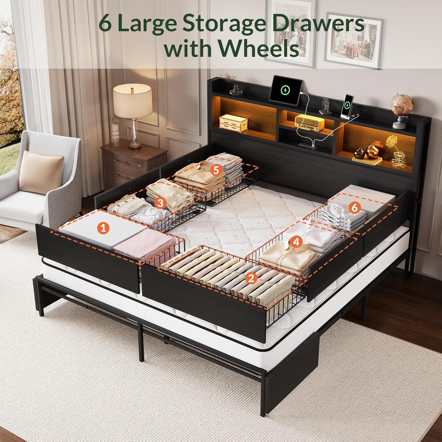 King Size Bed Frame with 6 Sto - King Size Bed Frame With Storage Drawers recension och pris