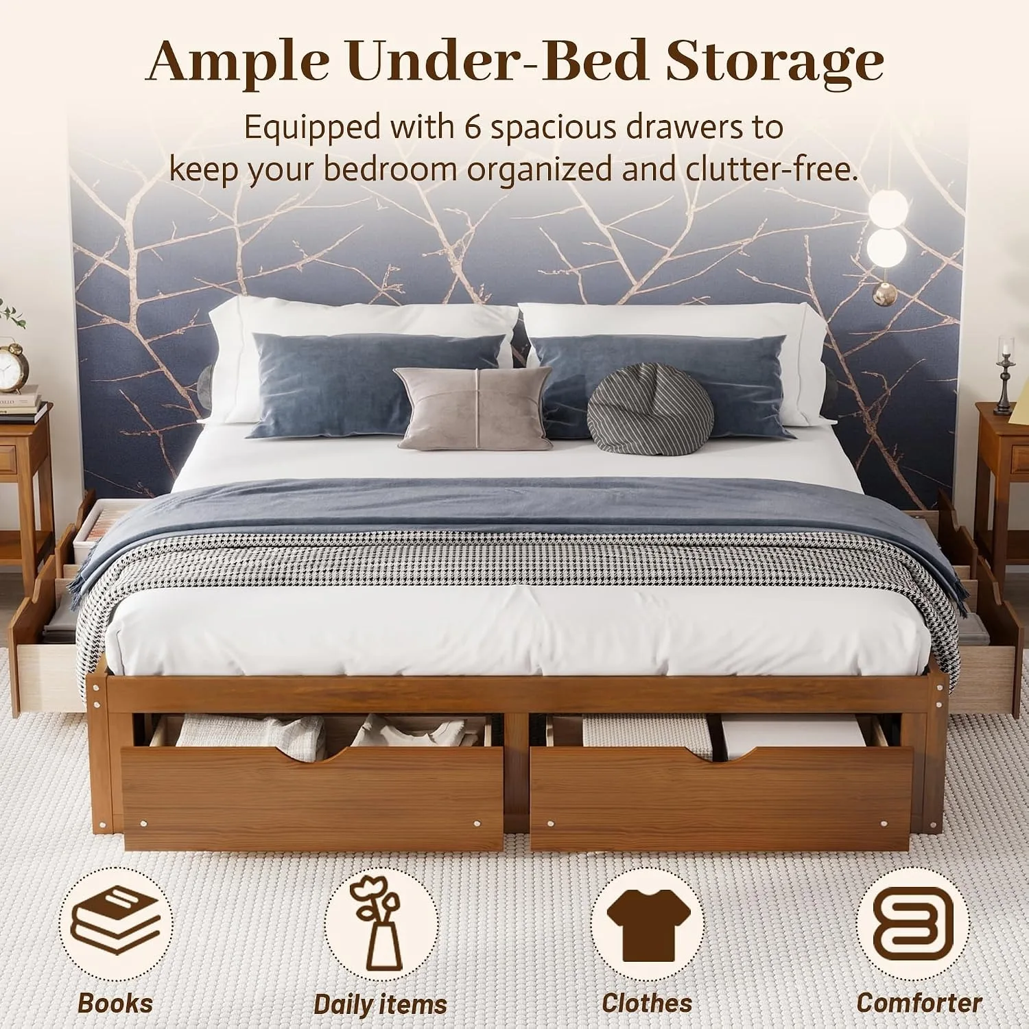 Minimalist Pine Wood Platform  - King Size Bed Frame With Storage Drawers recension och pris
