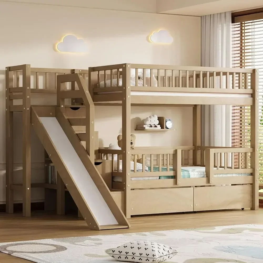 Twin Over Twin Wooden Bunk Bed - Bunk Bed With Stairs And Slide recension och pris