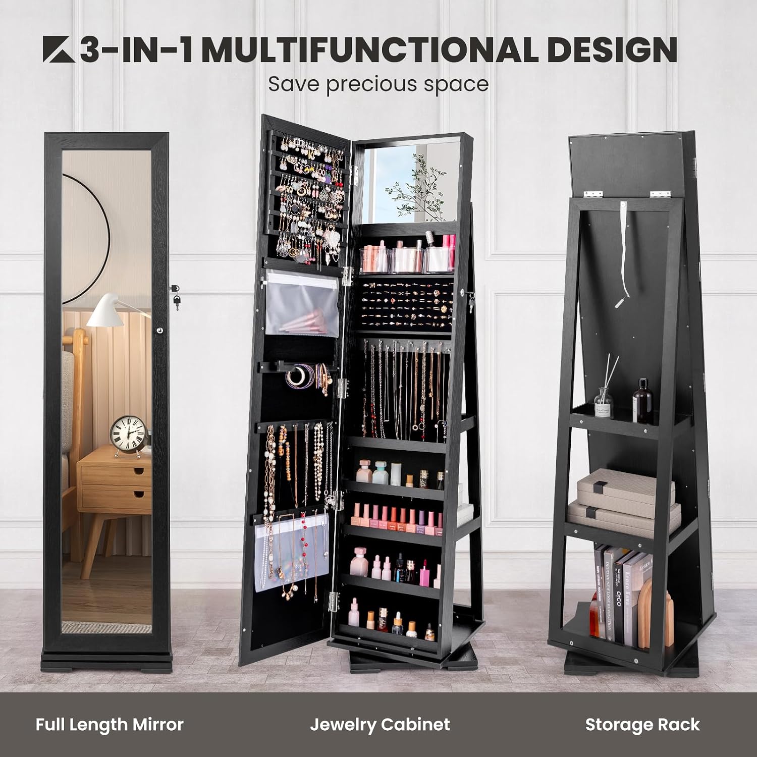 Black Standing Lockable 360 Sw - Full Length Mirror Jewelry Armoire recension och pris